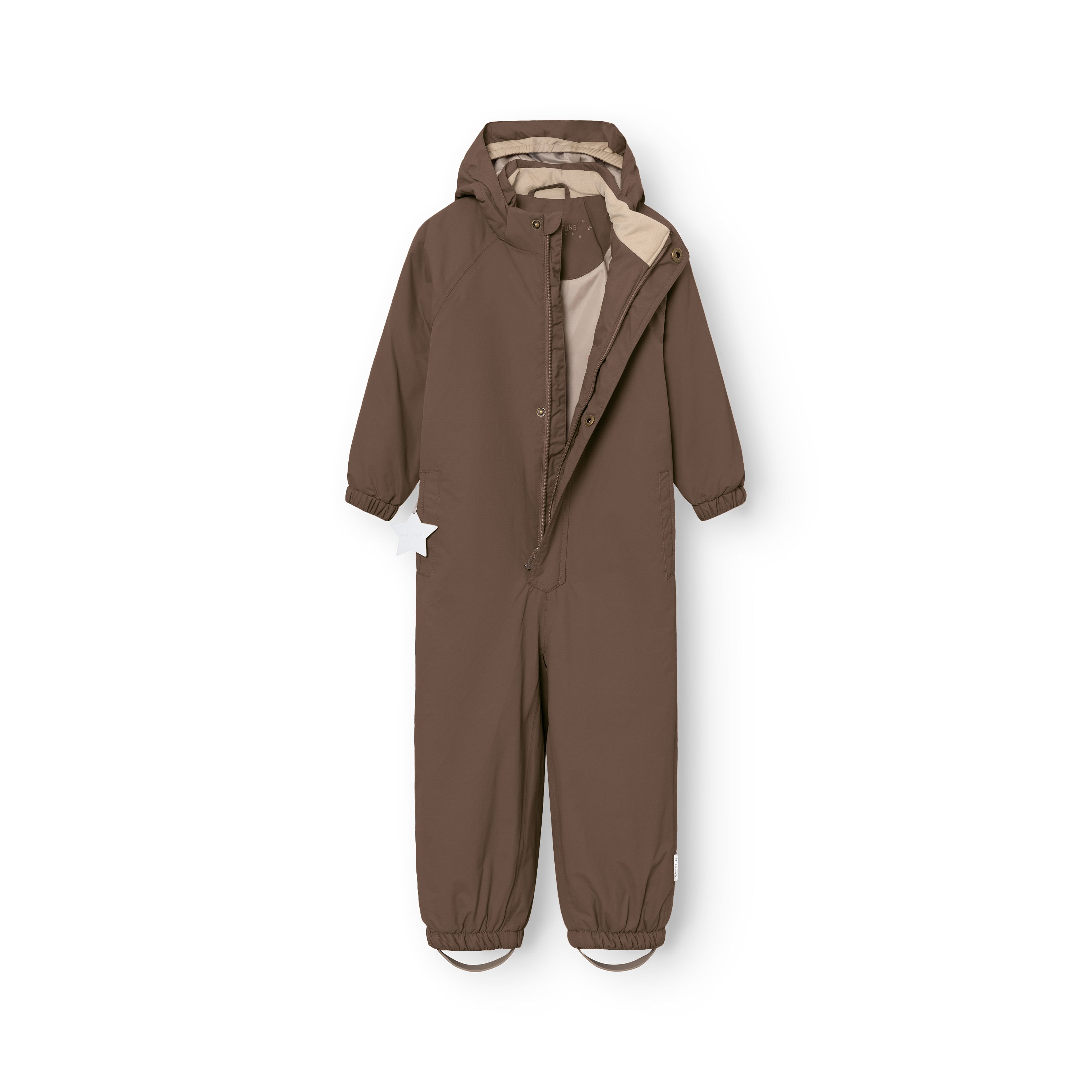 MATWILBO snowsuit in warm brown with the hood folded open to show the beige lining, single front zip, elasticated ankle cuffs with removable foot straps and a white reflective star detail on the left hip.
