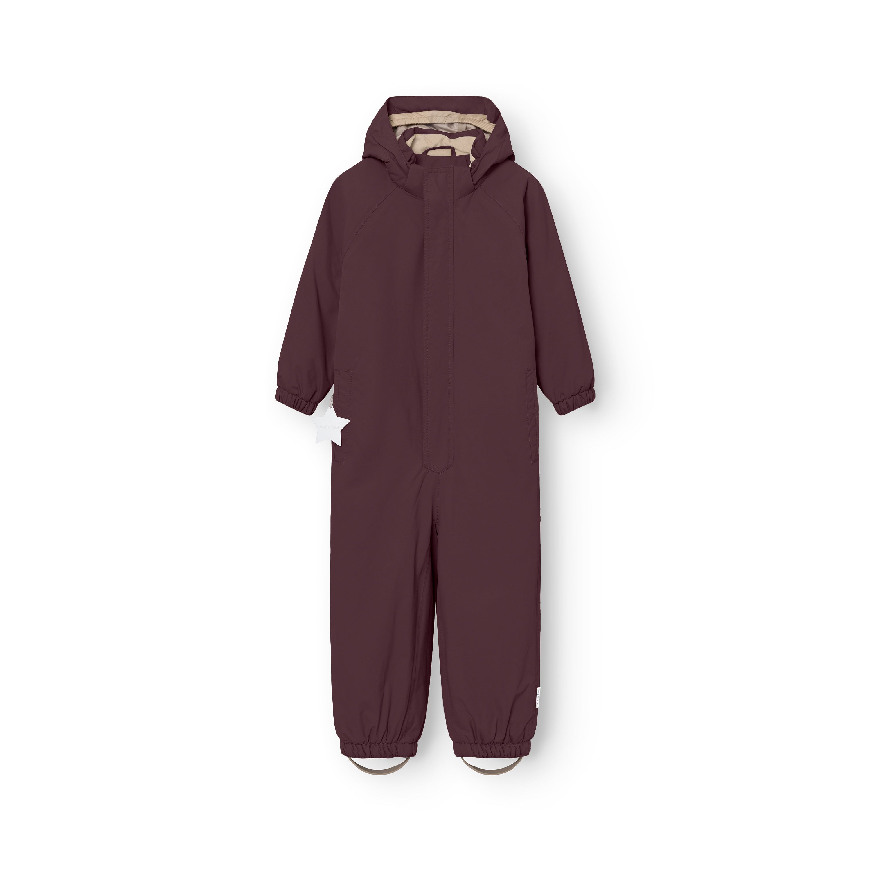 MATWILBO snowsuit in deep burgundy with a detachable hood, single front zip and elasticated cuffs and ankles, shown flat against a white background with a reflective star detail visible on the left hip.