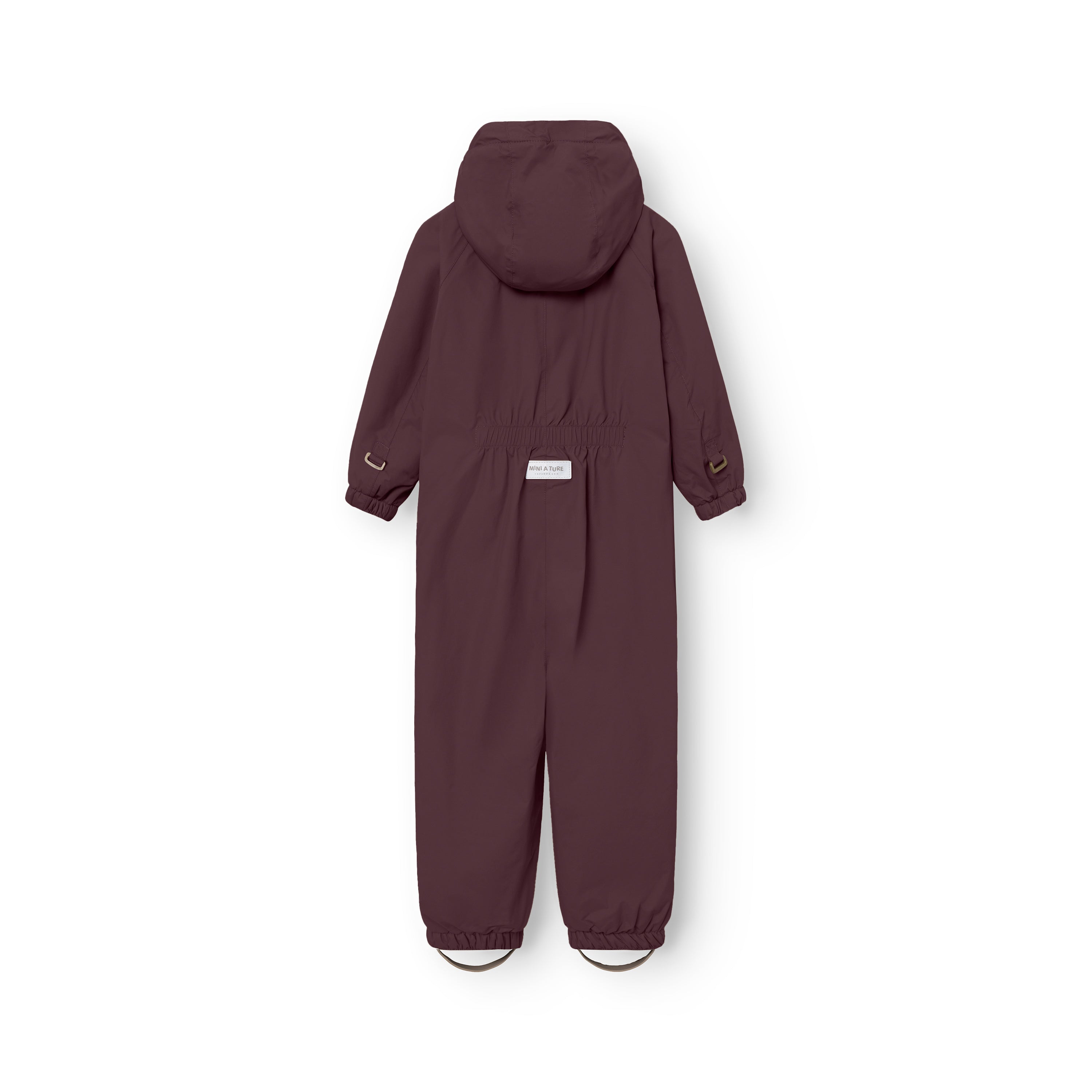 MATWILBO snowsuit shown from the back, displaying the detachable hood, elasticated waist, D-loops at the cuffs and adjustable foot straps in a rich burgundy tone.