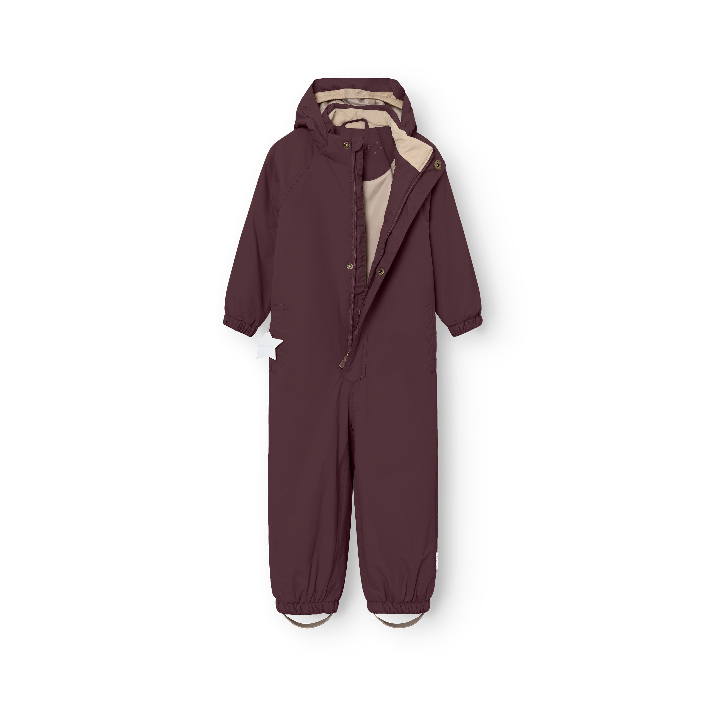 MATWILBO snowsuit in burgundy with the hood partially open to reveal the beige lining, single front zip fastening and elasticated ankle cuffs with removable foot straps, laid flat on a white background.