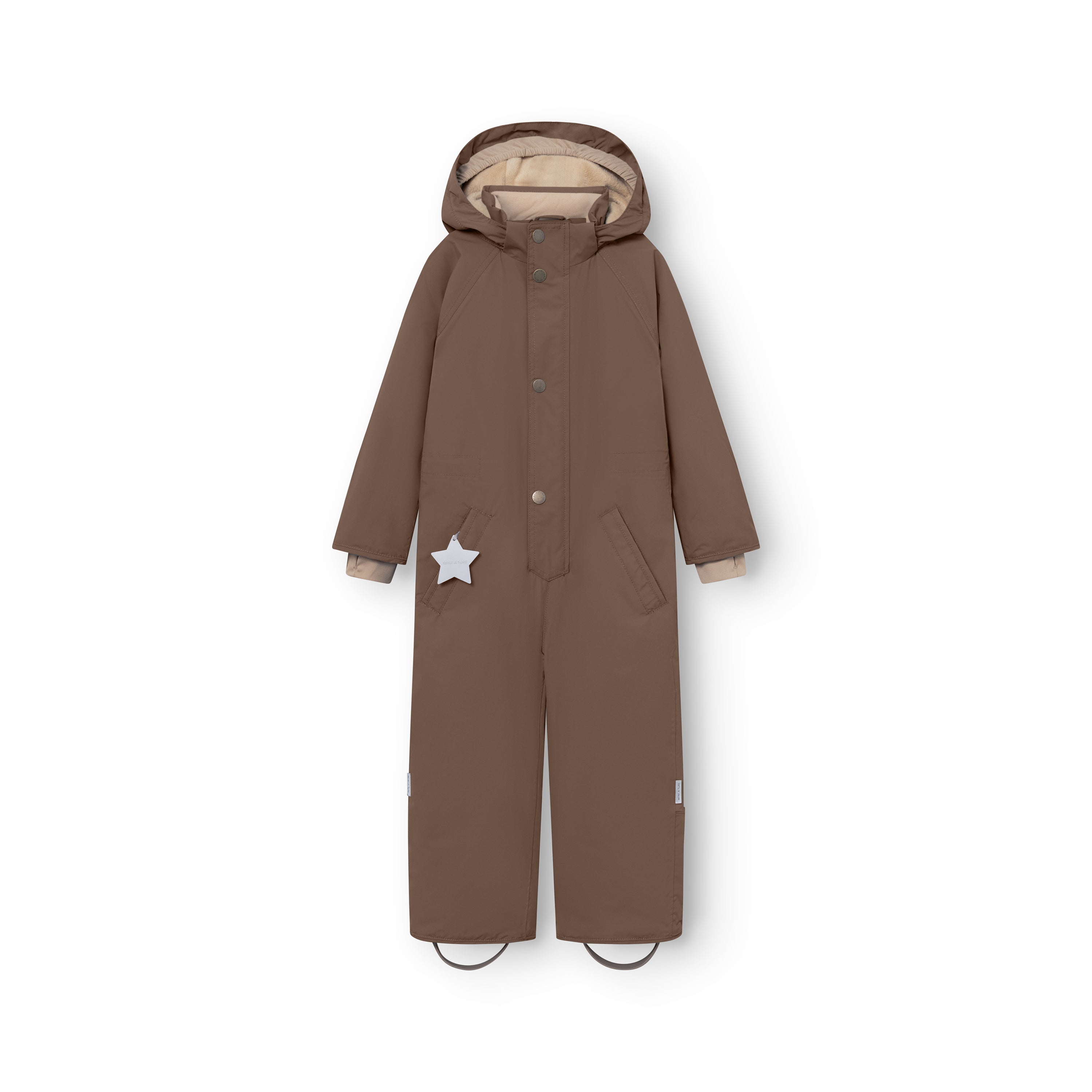 MATWANNI fleece lined snowsuit in brown photographed from the front with the hood attached, press-stud closure down the centre, reflective white star detail on the left pocket and removable foot straps at the ankles.