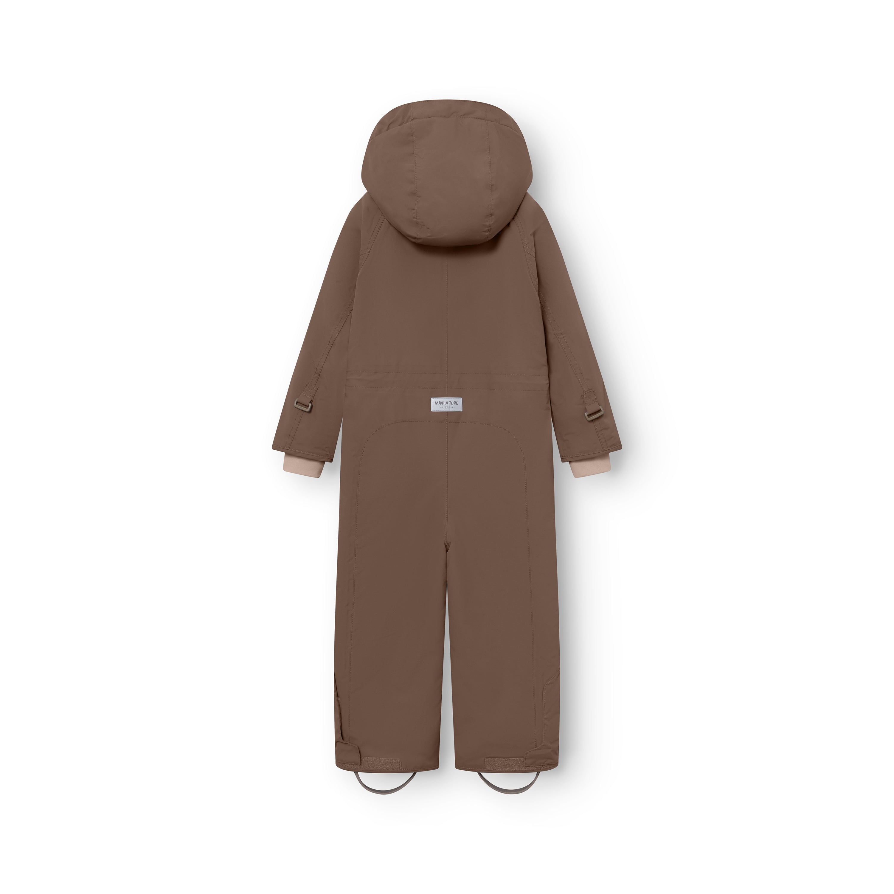 MATWANNI fleece lined snowsuit in brown photographed from the back with the detachable hood attached, internal suspenders with adjustable buckles visible at the shoulders, MINI A TURE logo label on the reinforced back panel and removable foot straps at the ankles.