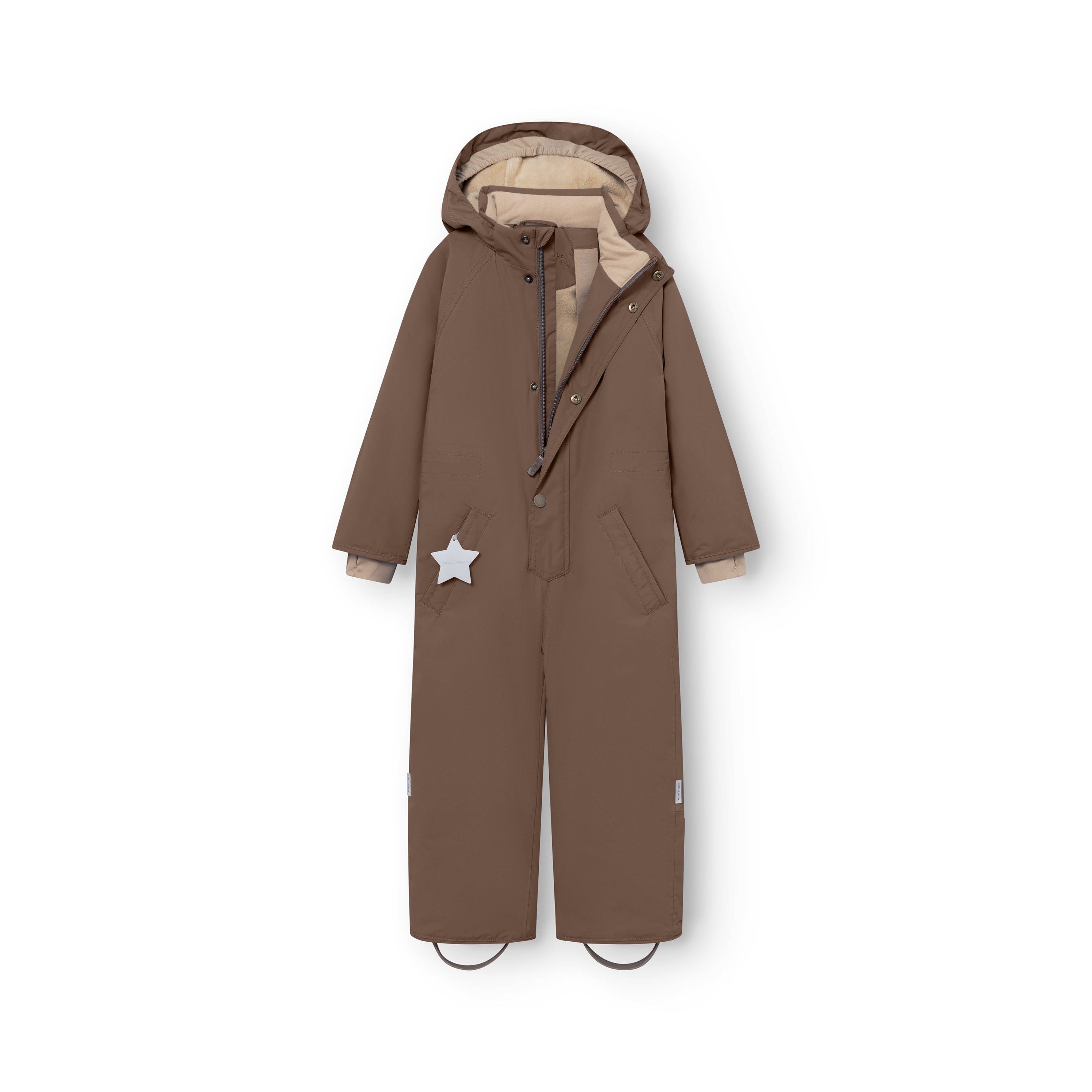 MATWANNI fleece lined snowsuit in brown shown from the front with the right slanted zip fully open, revealing the beige fleece lining inside the hood, torso and sleeves, internal suspender buckles visible at the shoulders, reflective white star detail on the left pocket and removable foot straps at the ankles.