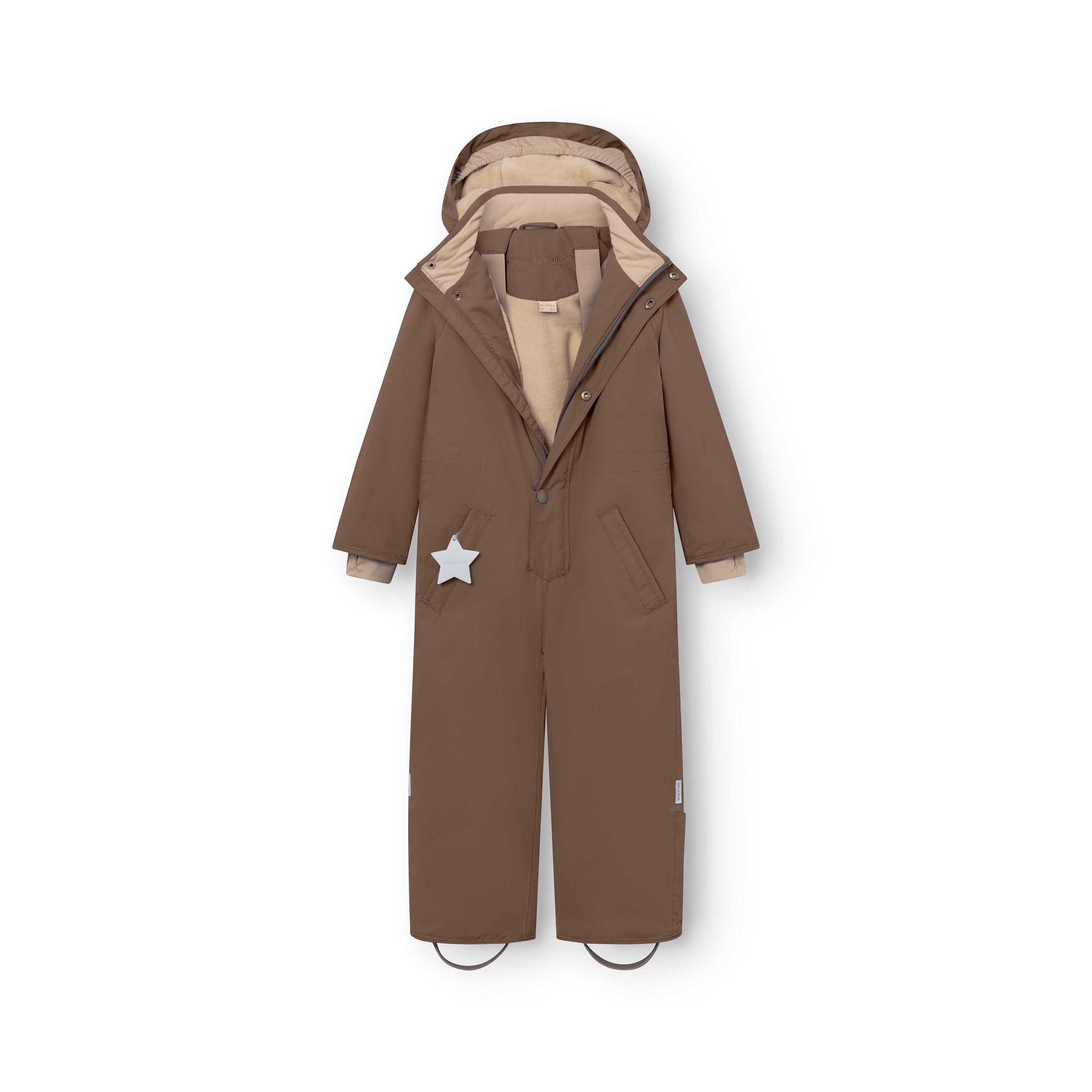 MATWANNI fleece lined snowsuit in brown laid flat with the left slanted zip partially open, exposing the beige fleece lining inside the hood and upper torso, adjustable internal waist visible, reflective white star detail on the left pocket and removable foot straps at the hem.