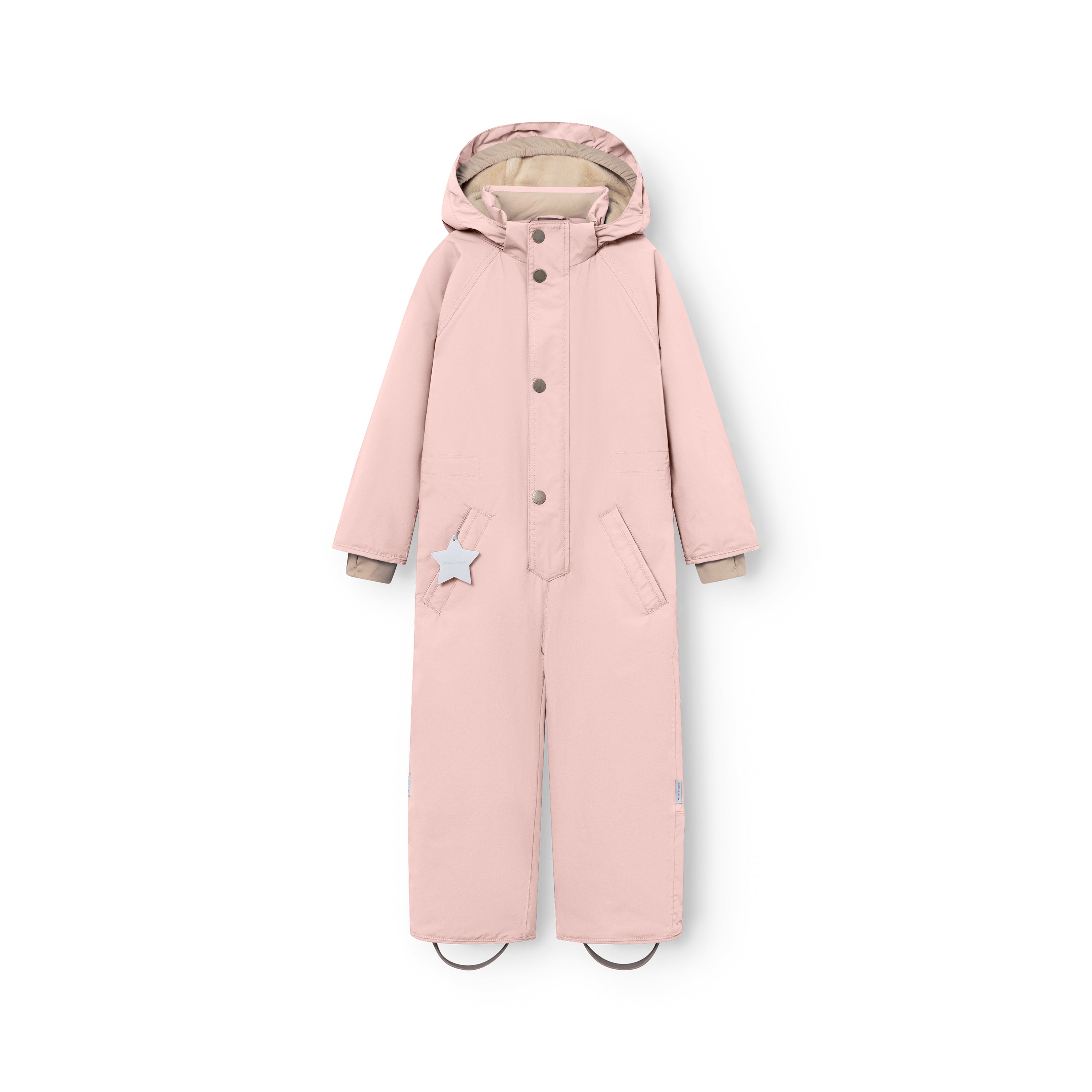 MATWANNI fleece lined snowsuit in soft pink displayed flat from the front with the hood attached, press-stud closure visible down the centre, reflective white star detail on the right pocket and removable foot straps at the hem.