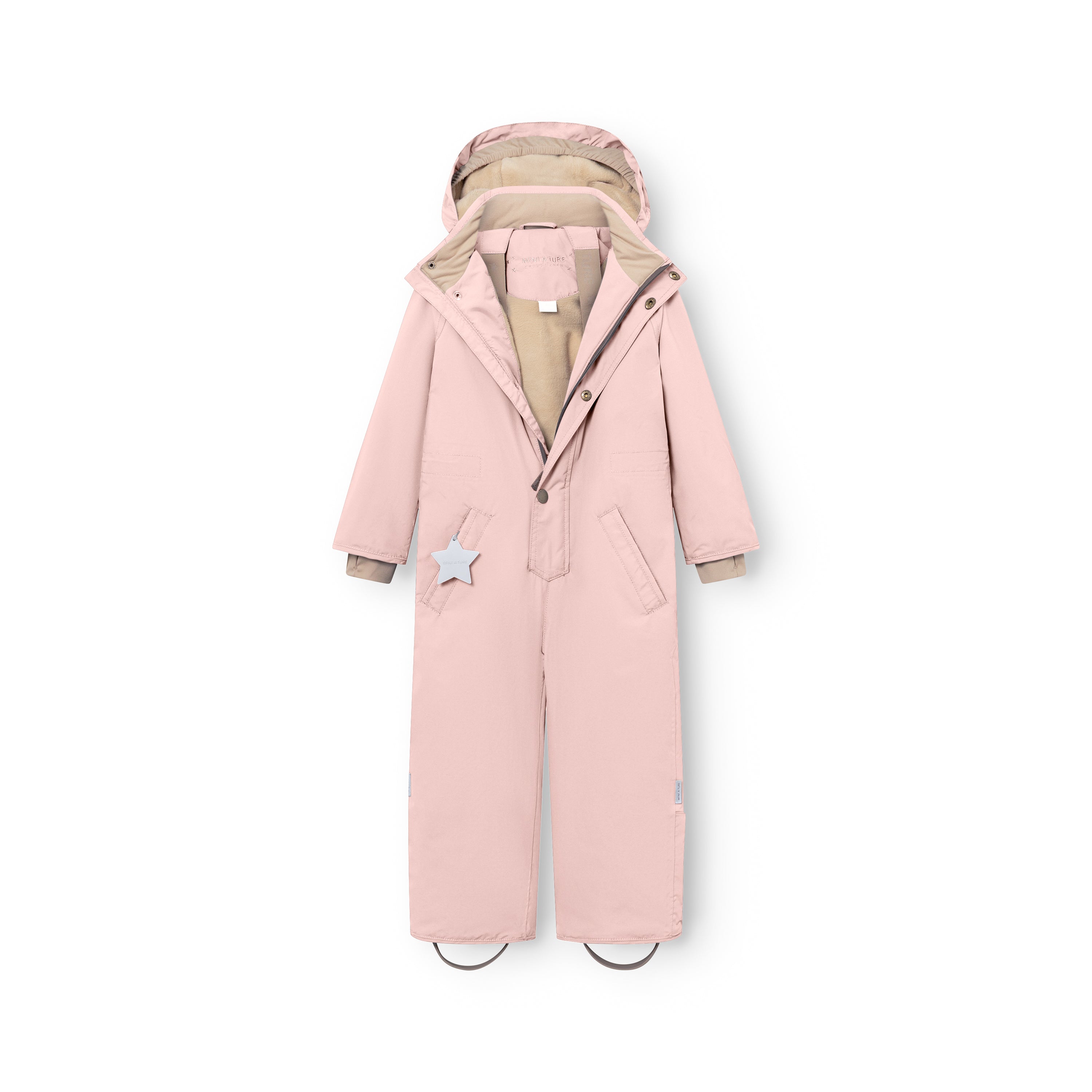 MATWANNI fleece lined snowsuit in soft pink laid flat with the left slanted zip partially open, showing the beige fleece lining inside the hood and upper torso, press-stud closure, reflective white star detail on the left pocket and removable foot straps at the hem.
