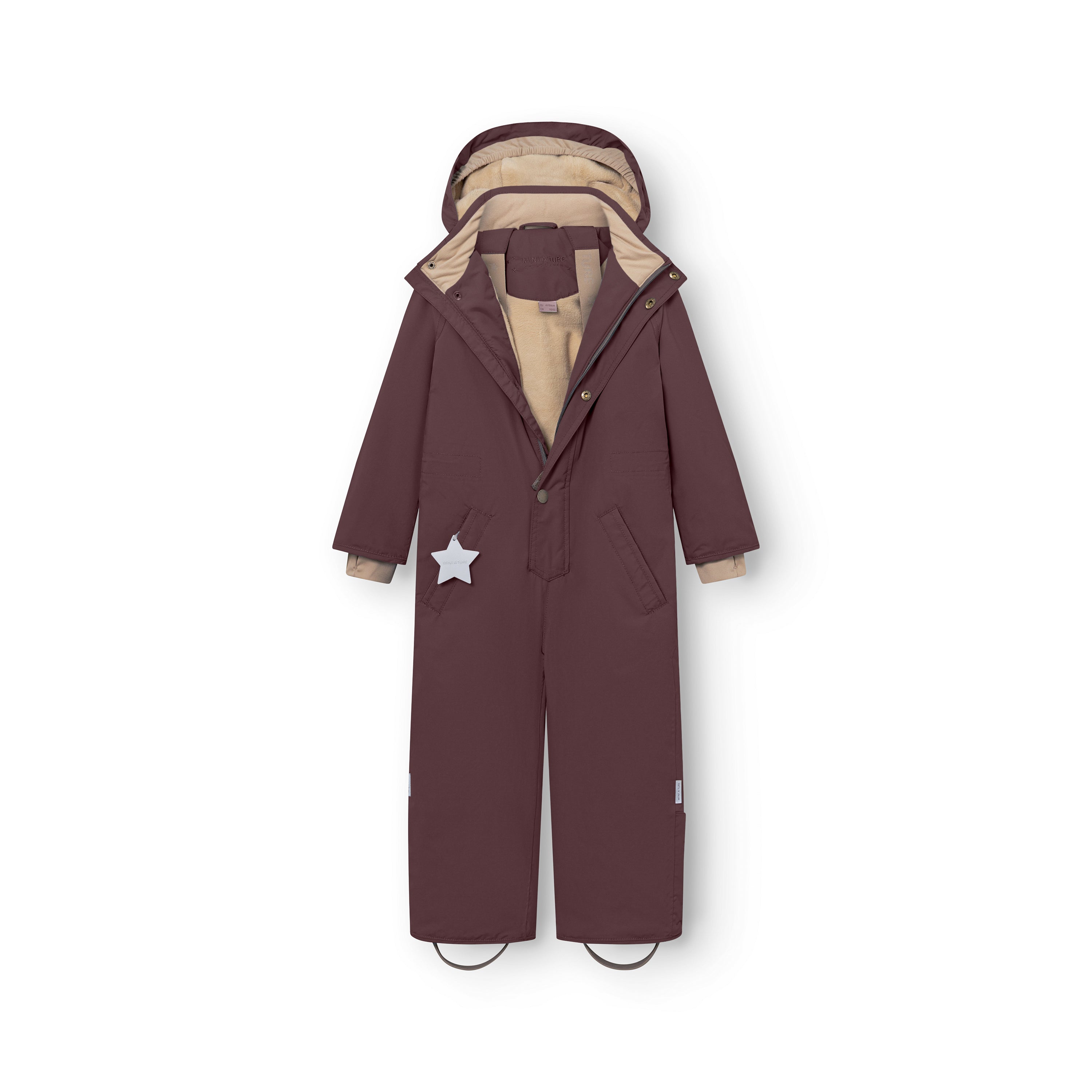 MATWANNI fleece lined snowsuit in deep burgundy shown from the front with the hood folded back and the left slanted zip fully open, revealing the beige fleece lining throughout the torso and sleeves, the internal suspender system and the waterproof recycled polyamide shell with removable foot straps.