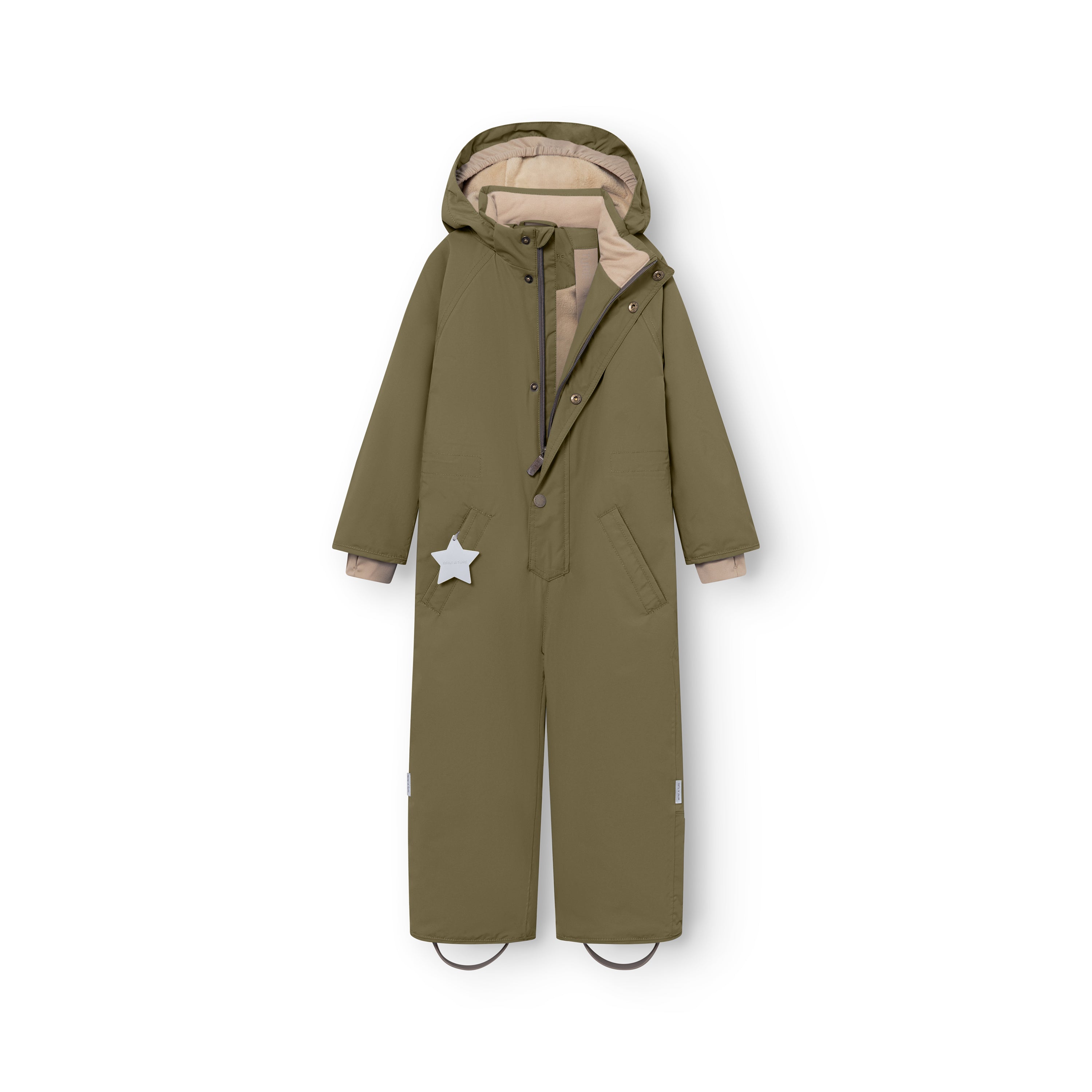MATWANNI fleece lined snowsuit in olive green shown from the front with the right slanted zip fully open, revealing the beige fleece lining inside the hood, torso and sleeves, the internal suspender buckles at the shoulders, the adjustable internal waist and the reflective white star detail on the left pocket.