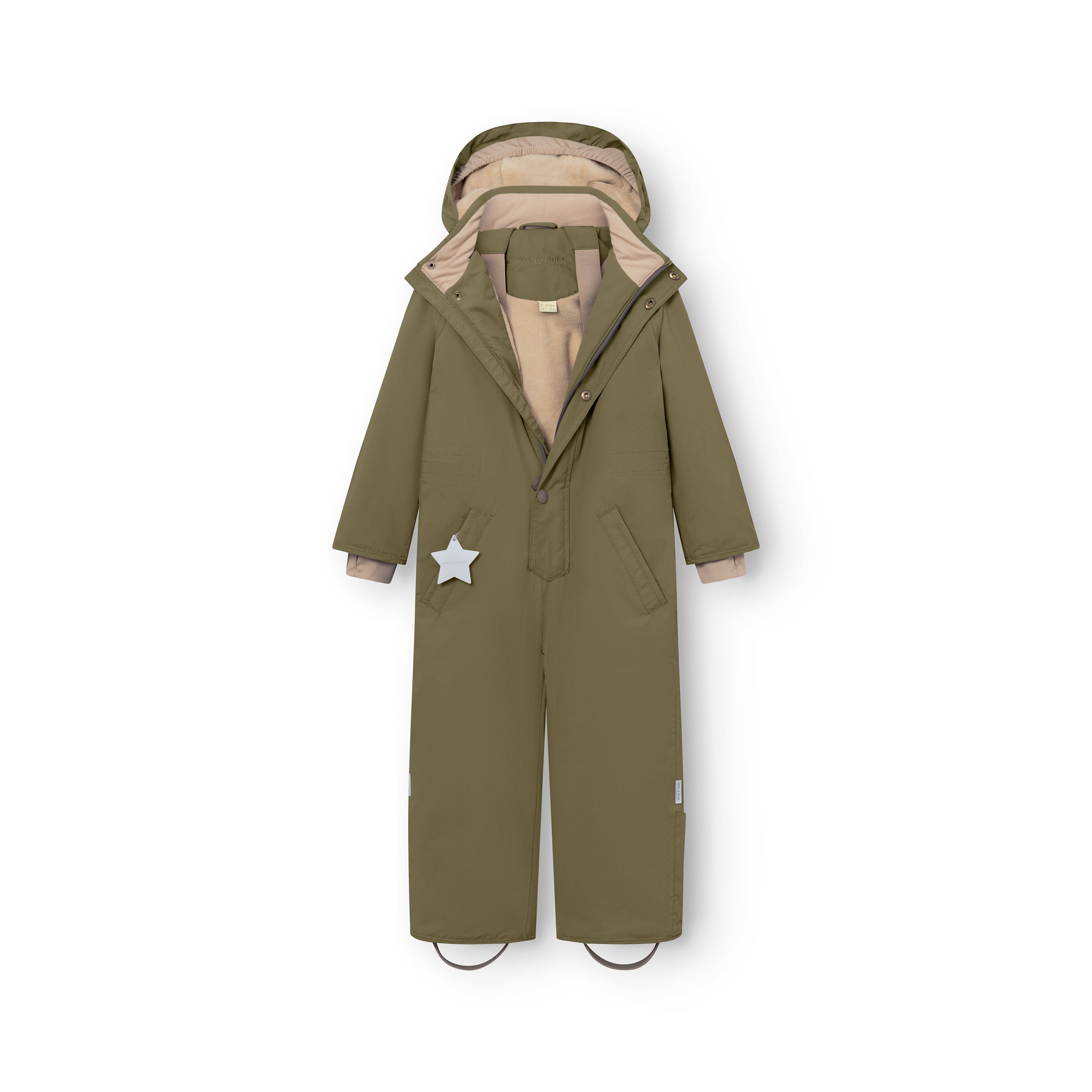 MATWANNI fleece lined snowsuit in olive green laid flat with the left slanted zip partially open, exposing the beige fleece lining inside the hood, upper torso and left sleeve, press-stud closure visible, reflective white star detail on the left pocket and removable foot straps at the hem.