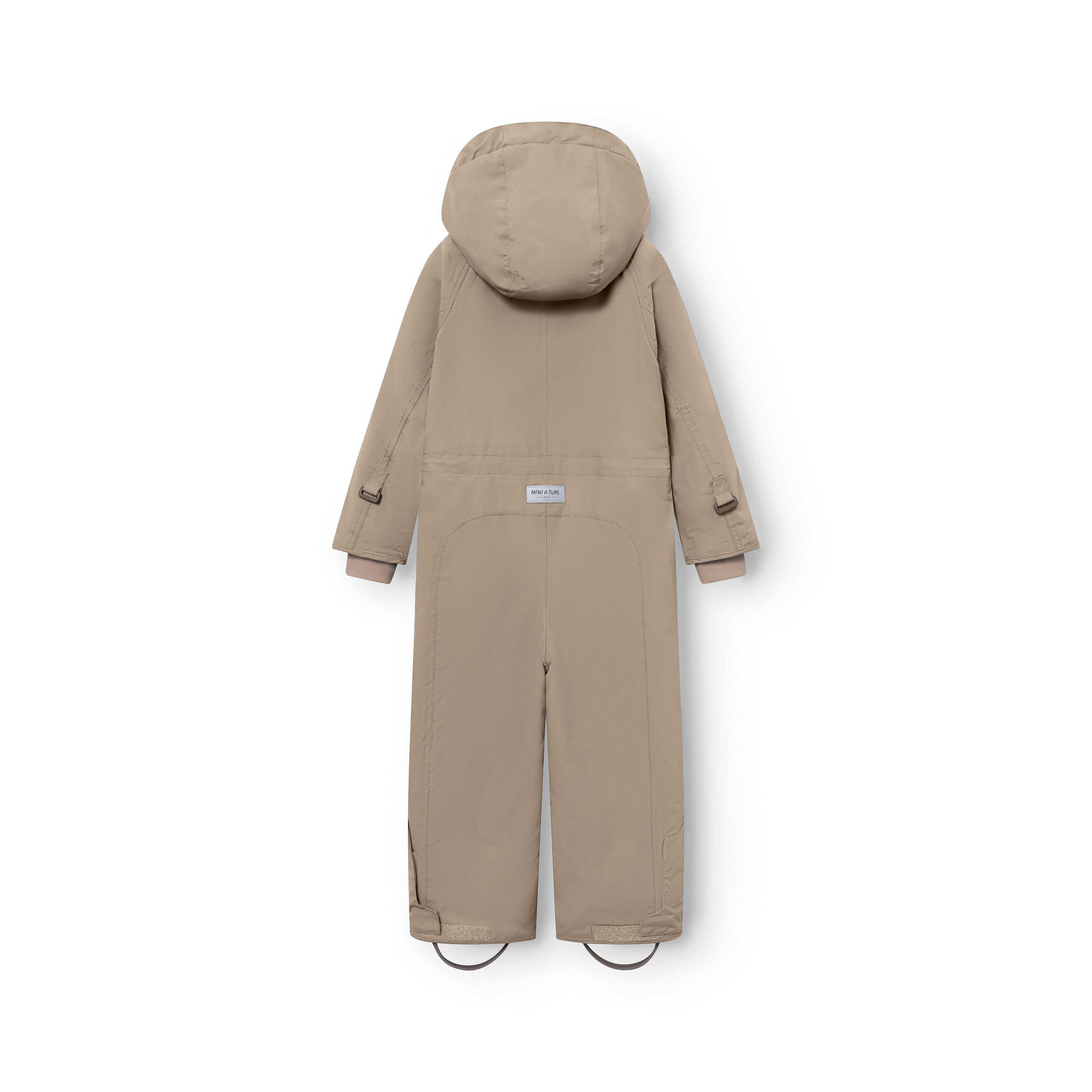 MATWANNI fleece lined snowsuit in beige shown from the back, revealing the detachable hood, internal suspenders visible at the shoulders, reinforced back panel and removable foot straps at the ankles.