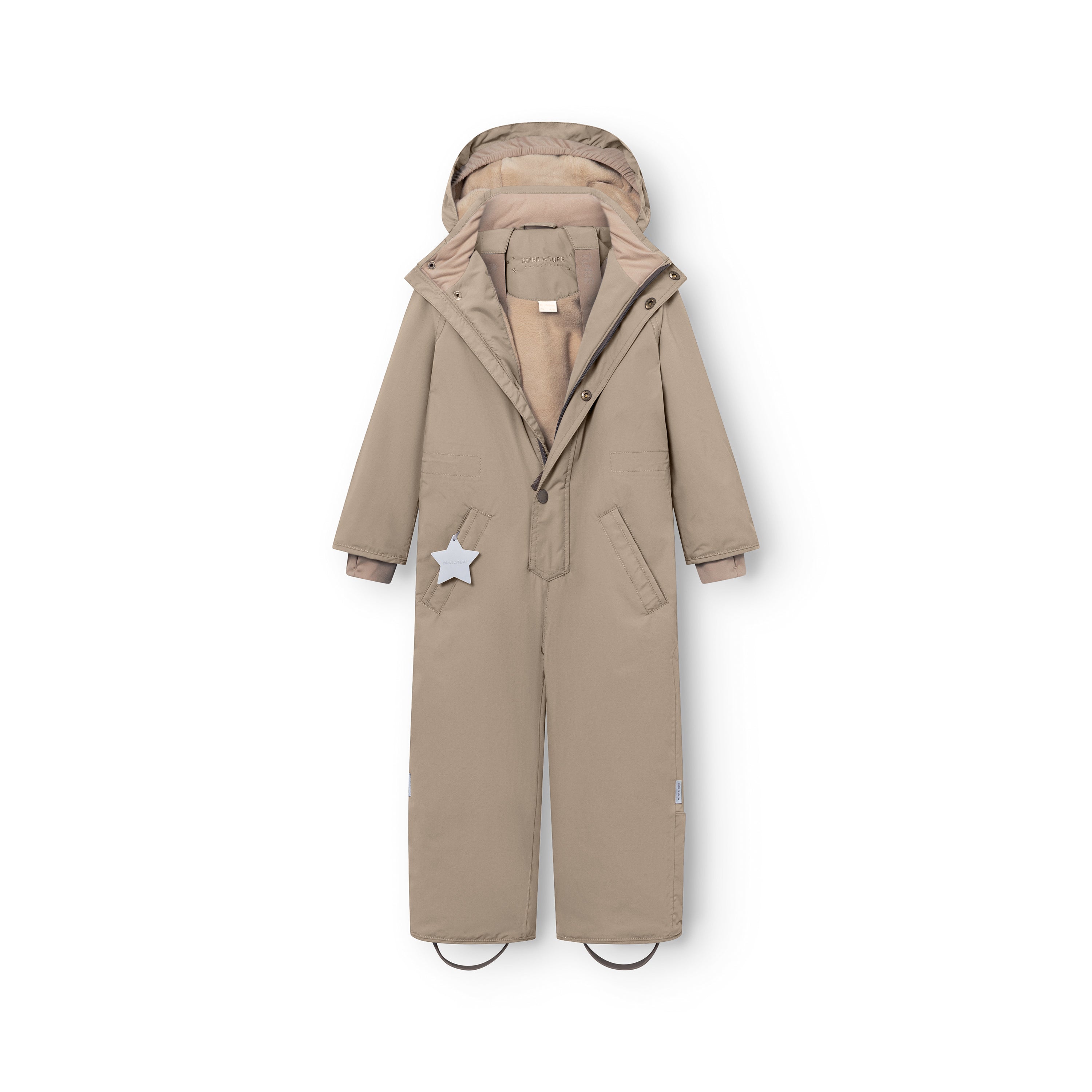 MATWANNI fleece lined snowsuit in beige shown from the front with the hood open and zips partially undone, revealing the soft fleece lining inside and the dual slanted zip system with press-stud closures.