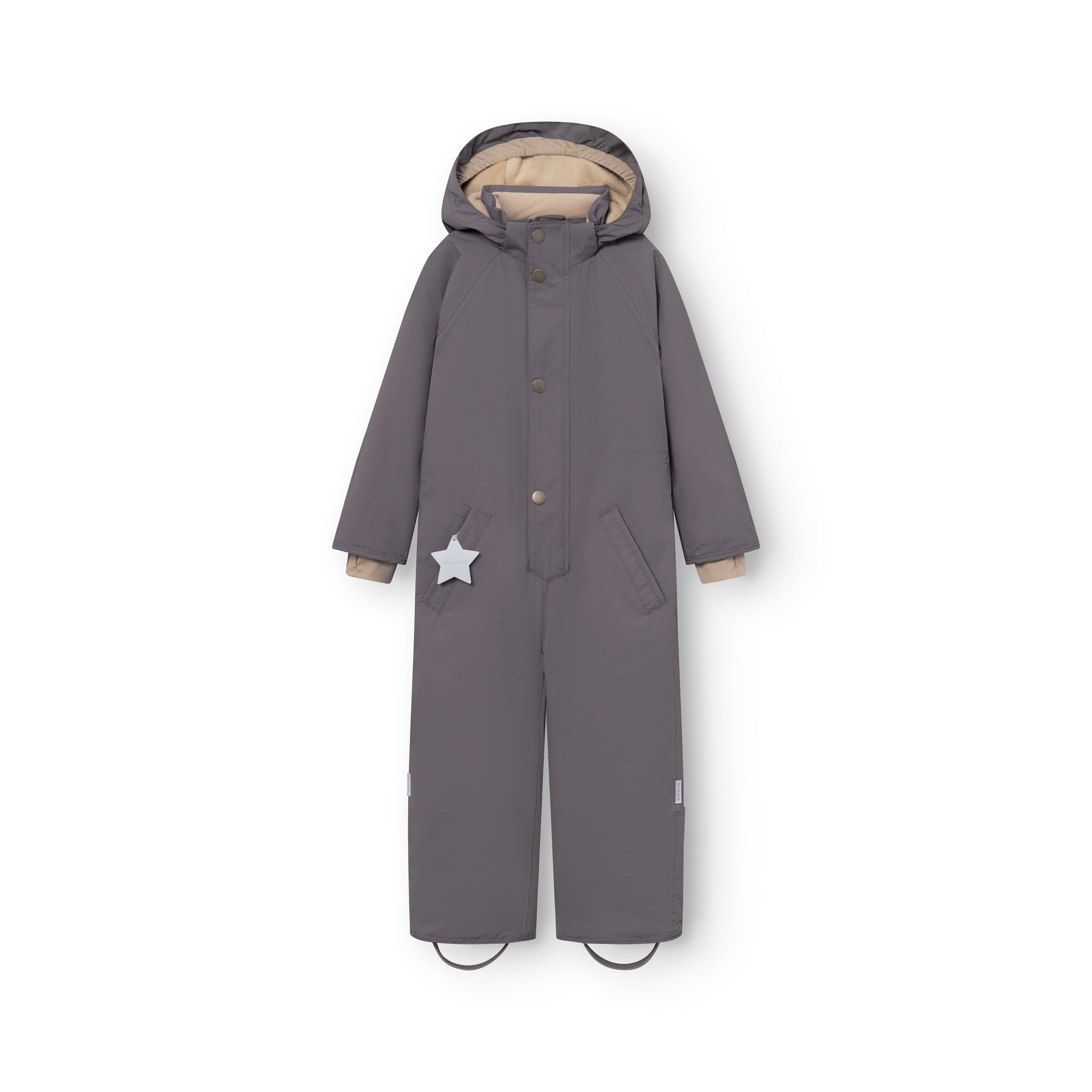 MATWANNI fleece lined snowsuit in grey laid flat against a white background, displaying the detachable hood with beige fleece lining visible inside, press-stud front closure, reflective white star detail on the right pocket and removable foot straps at the hem.