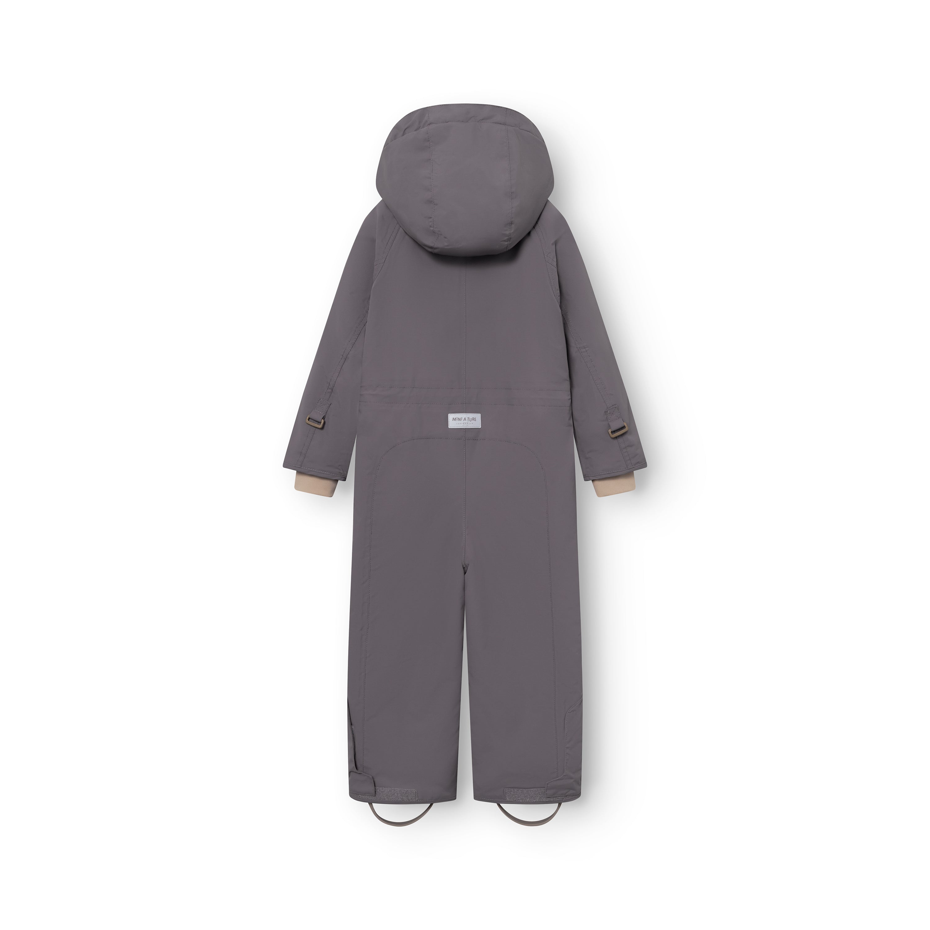 MATWANNI fleece lined snowsuit in grey photographed from the back, showing the detachable hood, internal suspenders with adjustable buckles visible at the shoulders, reinforced back panel with MINI A TURE logo label and removable foot straps at the ankles.