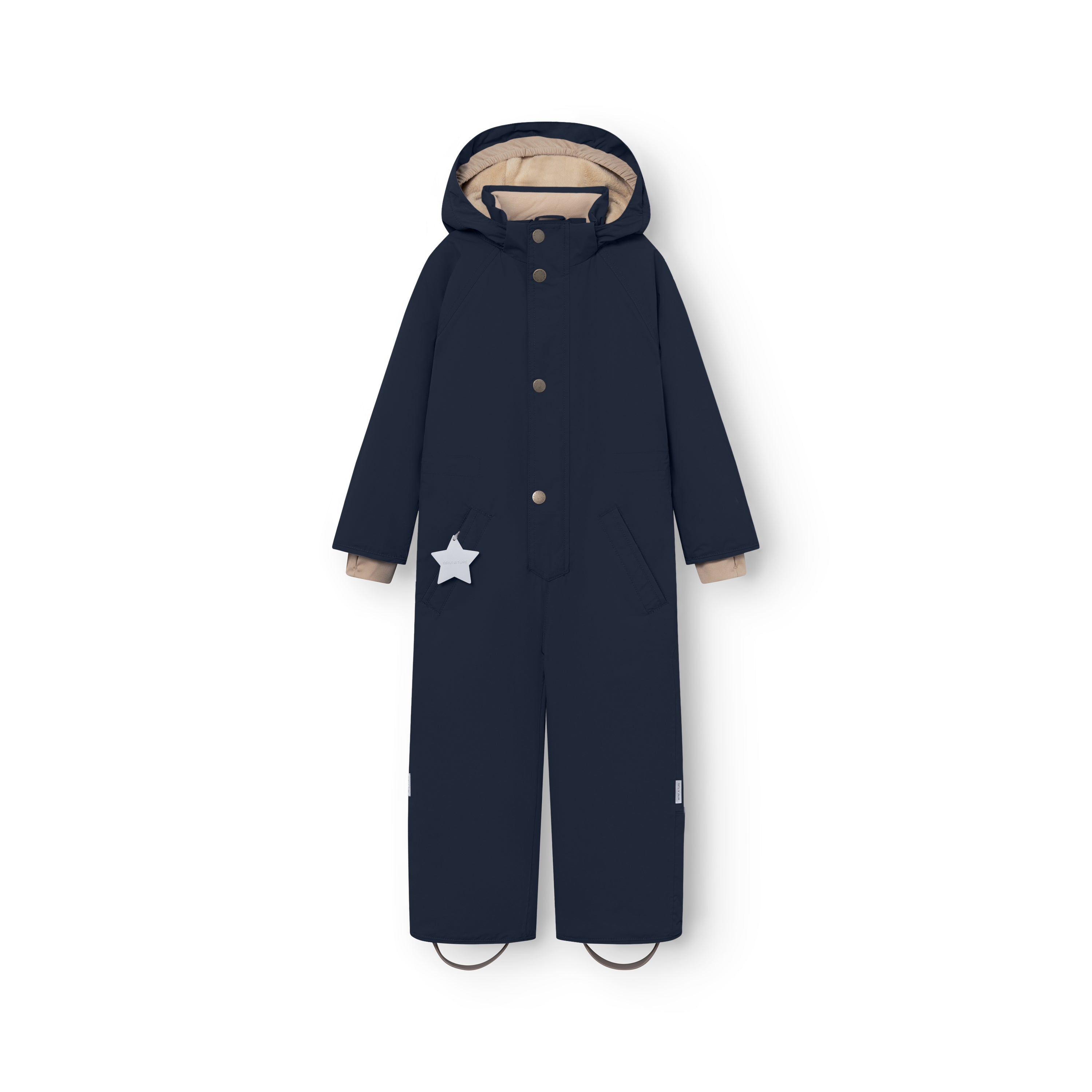 MATWANNI fleece lined snowsuit in navy blue photographed from the front with the detachable hood attached, press-stud closure down the centre, reflective white star detail on the left pocket and removable foot straps at the ankles.