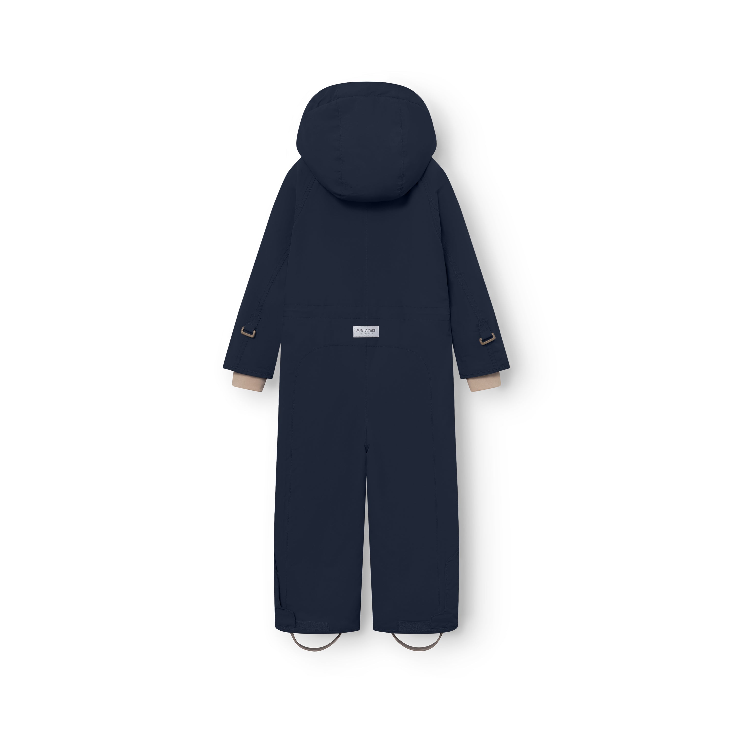 MATWANNI fleece lined snowsuit in navy blue photographed from the back with the detachable hood attached, MINI A TURE logo label visible on the upper back, internal suspender buckles at the shoulders and removable foot straps at the ankles.