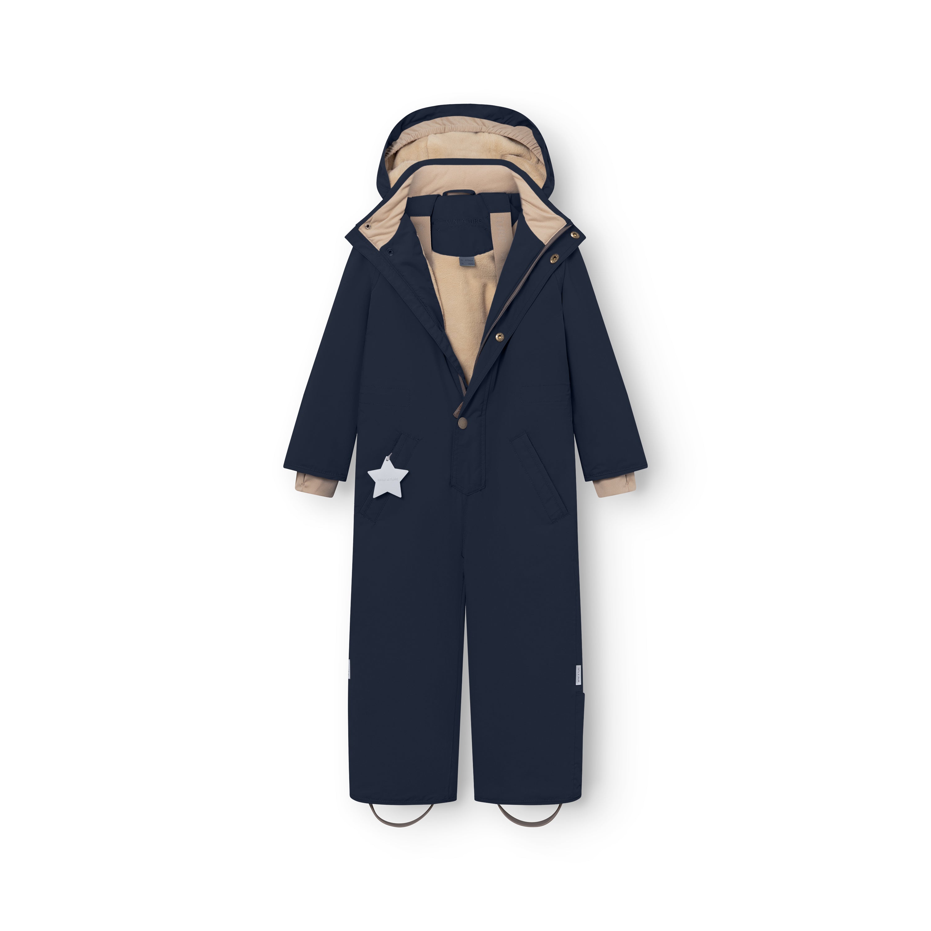 MATWANNI fleece lined snowsuit in navy blue laid flat with the left slanted zip fully open, exposing the beige fleece lining throughout the hood, torso and legs, adjustable internal suspender buckles visible at the shoulders and removable foot straps at the hem.