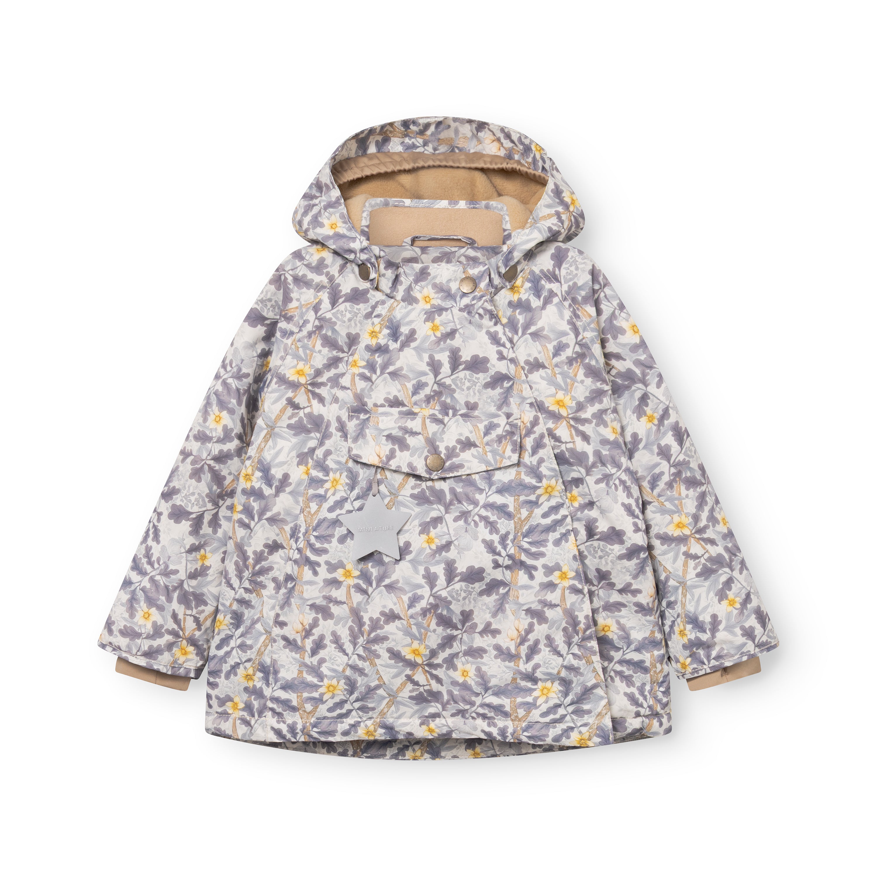 MATWANG fleece lined winter jacket displayed flat, showing the full Scandinavian floral print across the recycled polyester shell, the hidden slanted zip closure and front chest pocket with reflective star detail.
