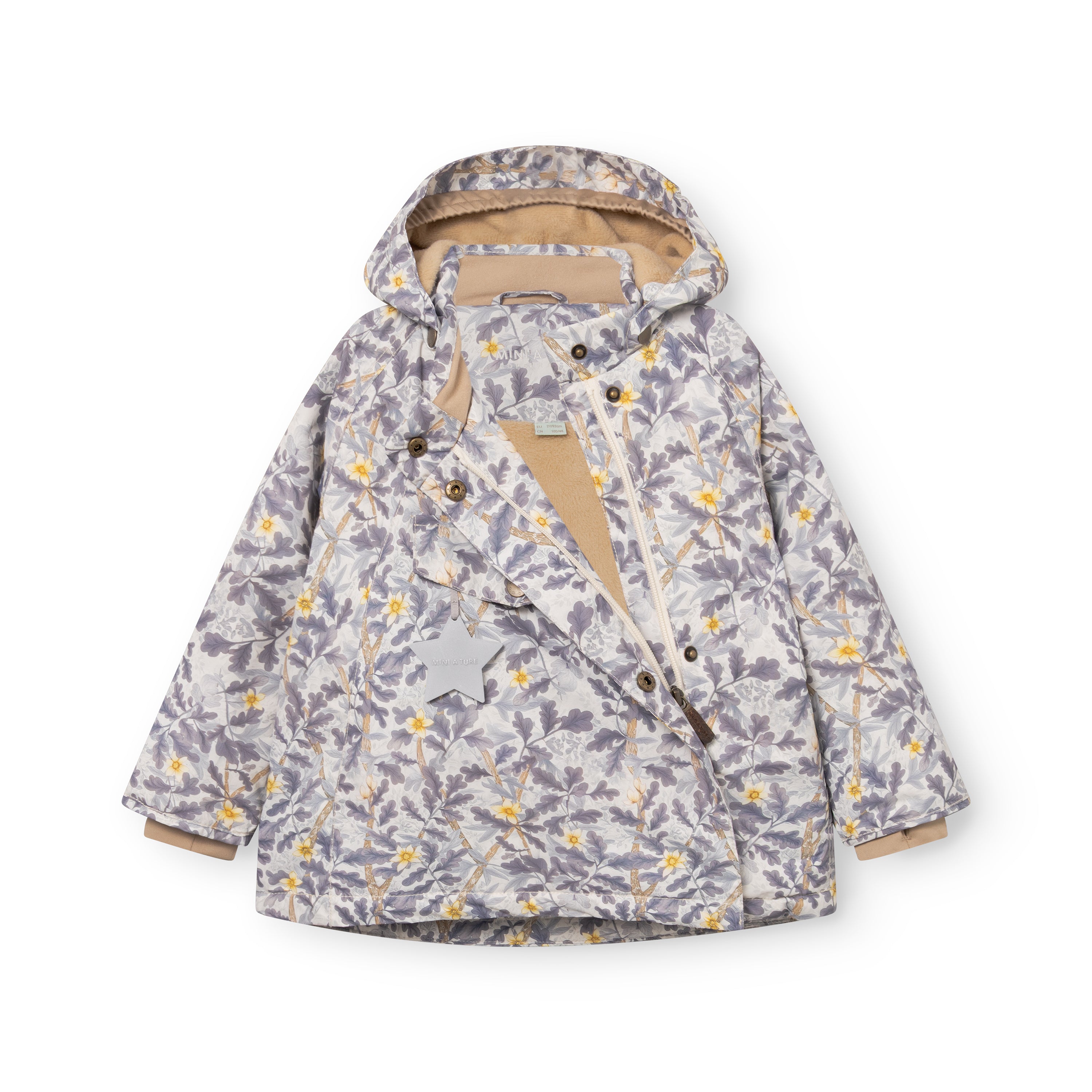 MATWANG fleece lined winter jacket shown with the hood detached and laid inside the collar, exposing the soft fleece lining and ribbed neckline detail alongside the hidden slanted zip and front pocket with reflective star.
