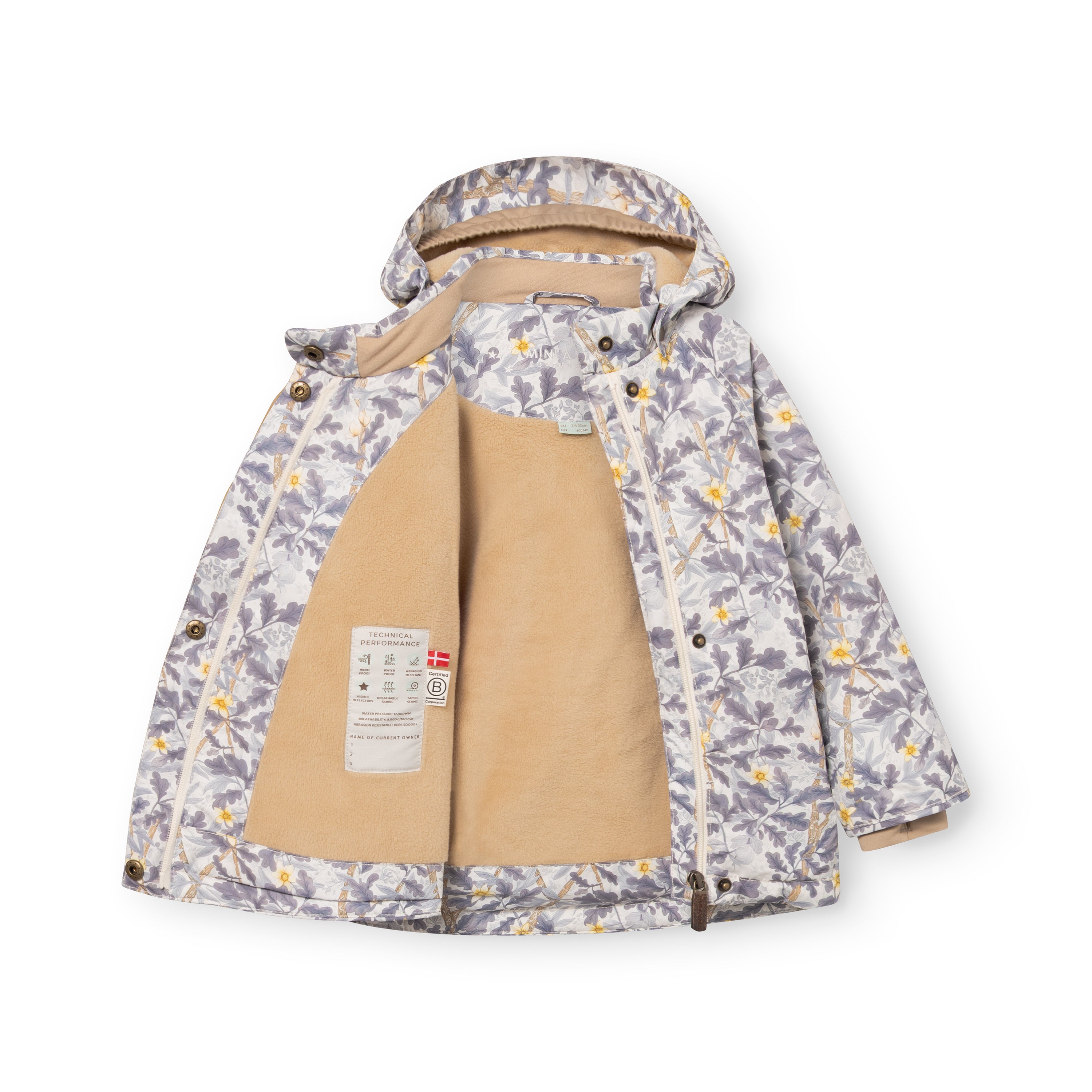MATWANG fleece lined winter jacket opened to reveal the soft beige fleece lining throughout the interior, the adjustable elastic waist mechanism, and the technical performance label displaying waterproof rating, breathability and temperature specifications.