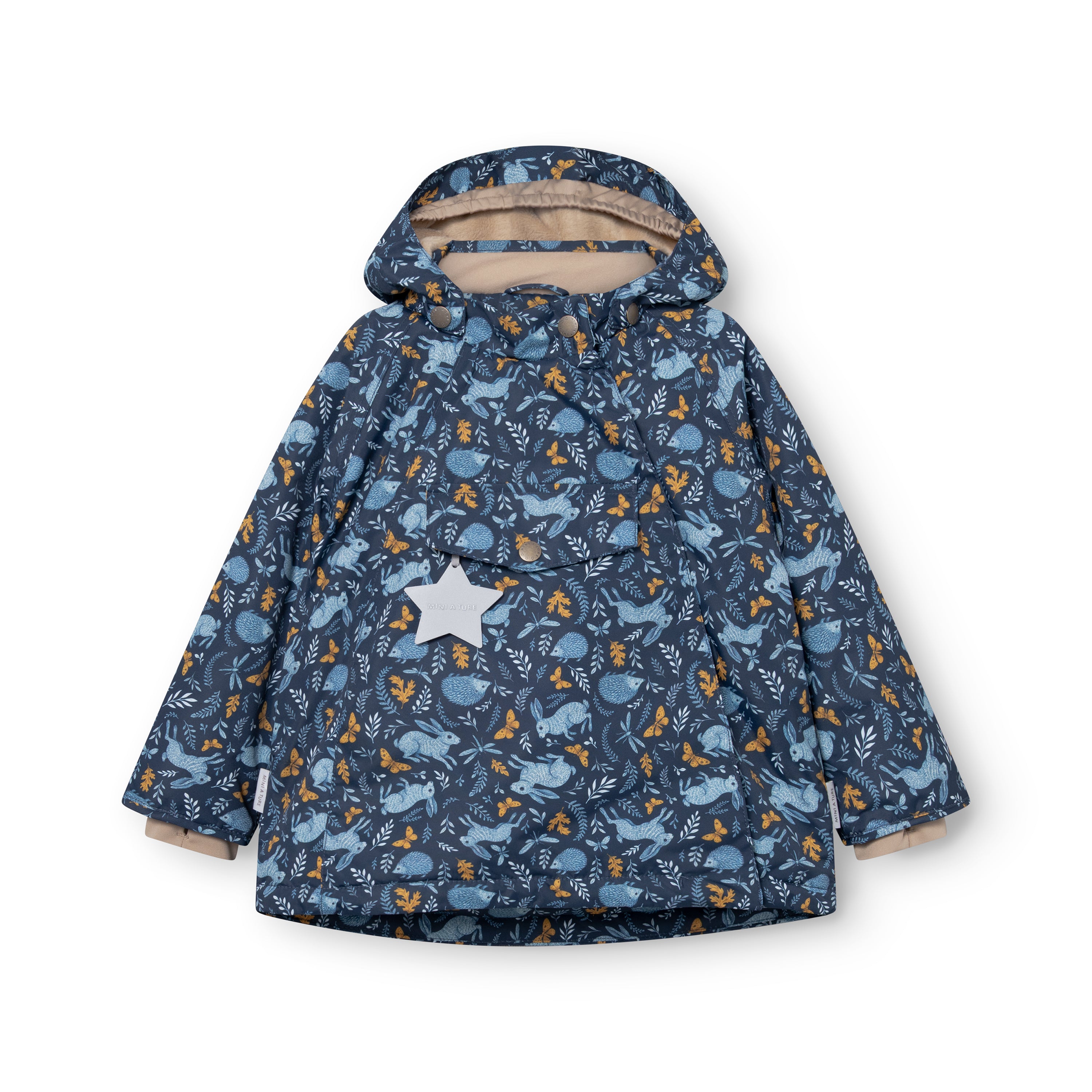 MATWANG fleece lined winter jacket laid flat on a white background, displaying the Scandinavian floral print with blue rabbits and golden oak leaves across the recycled polyester shell, the hood positioned to show the beige fleece lining inside, and the white reflective star detail on the front chest pocket.