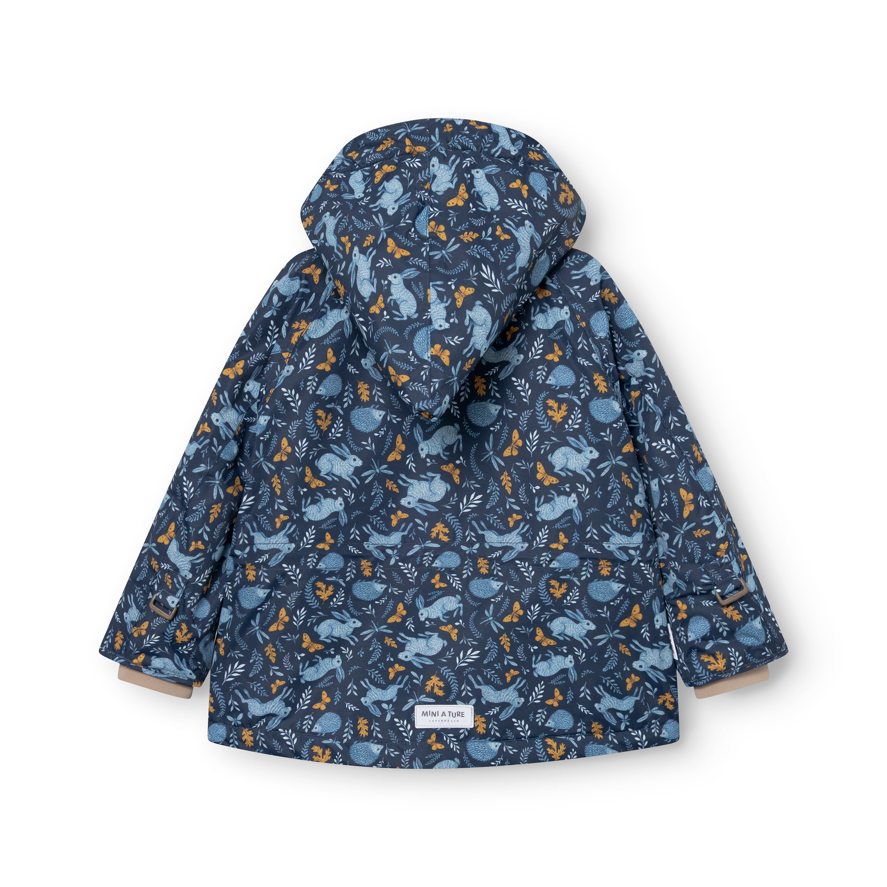 MATWANG fleece lined winter jacket displayed from the back with the hood up, showing the continuous Scandinavian floral print featuring blue rabbits and golden oak leaves across the entire waterproof shell, the MINI A TURE woven label at the hem, and the jacket's overall silhouette with sleeves extended.