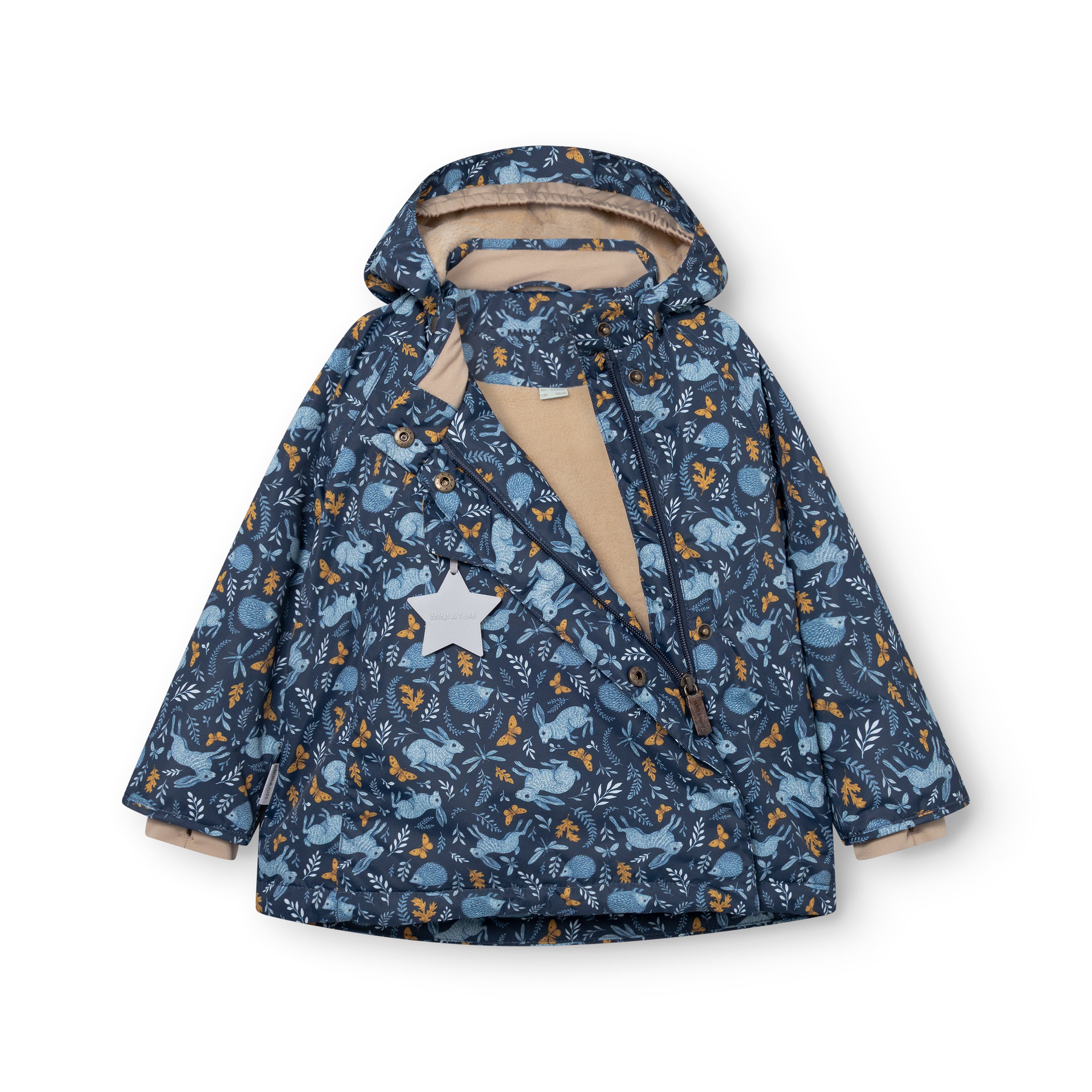 MATWANG fleece lined winter jacket photographed open to display the beige fleece lining extending through the hood and body, the elastic-string hood adjustment, the hidden slanted zip closure, and the white reflective star on the front pocket against the Scandinavian floral print shell.