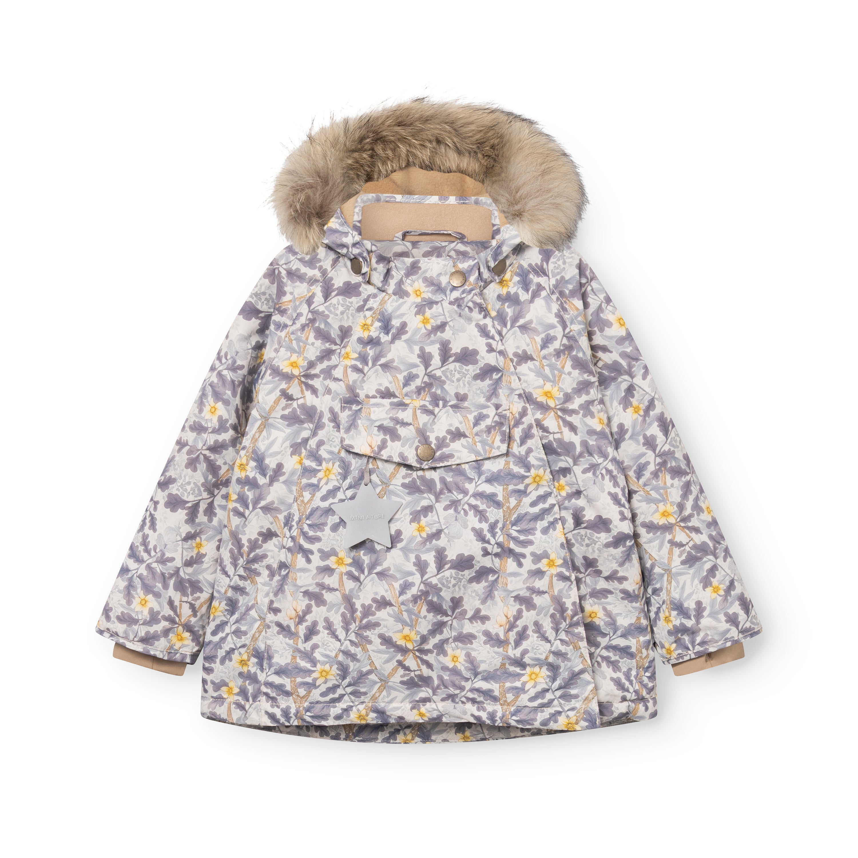 MATWANG fleece lined winter jacket fur in grey with a botanical floral print, showing the detachable genuine fur-trimmed hood, front chest pocket with reflective star detail and snap-button closure.