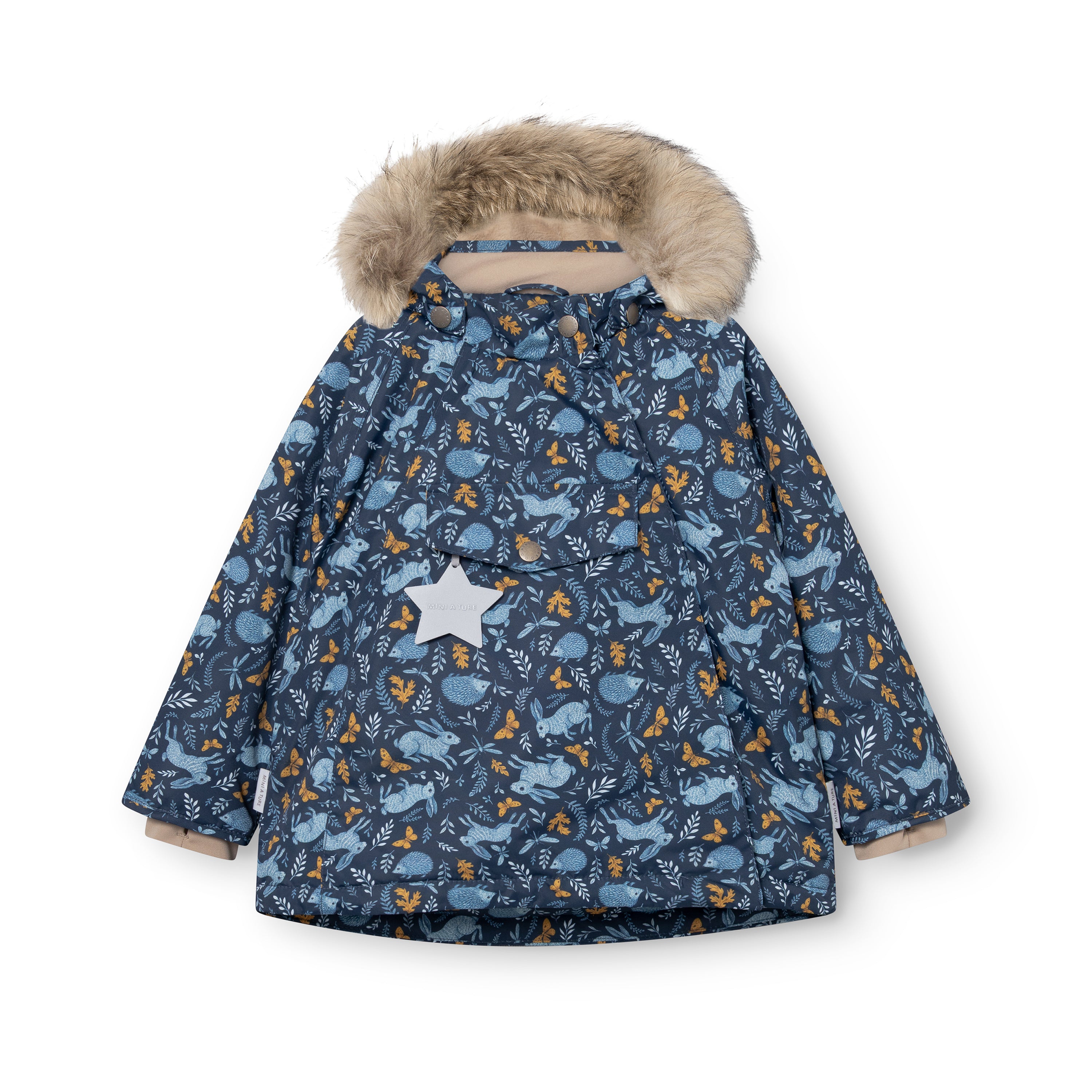 MATWANG fleece lined winter jacket fur in navy with a woodland animal and leaf print, featuring a detachable genuine fur-trimmed hood, reflective star pocket detail and concealed slanted zip closure.