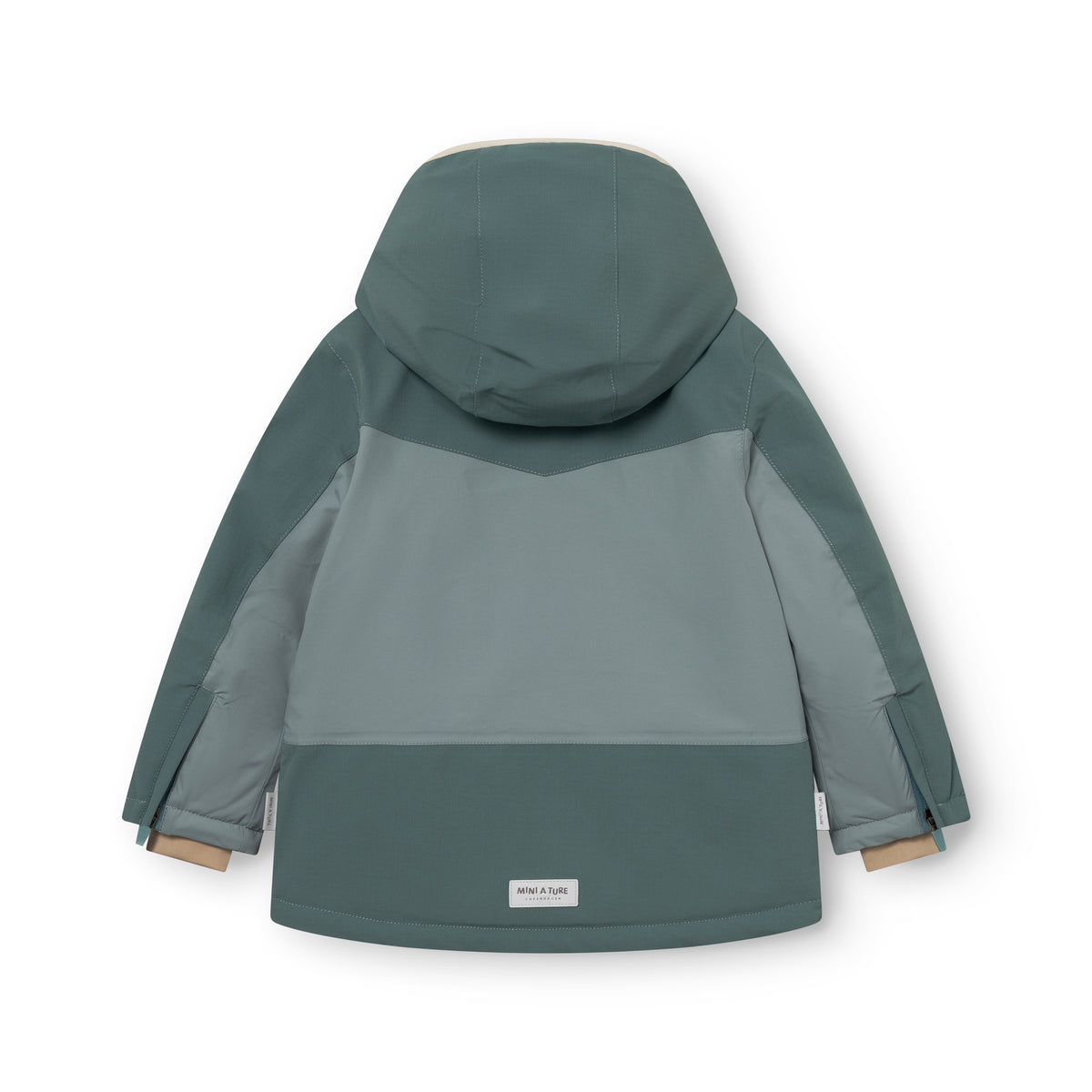 MATADANE ski tech jacket shown from the back in teal and sage colourblock design with a hood, ripstop recycled nylon shell, visible seam construction and MINI A TURE label at the hem.