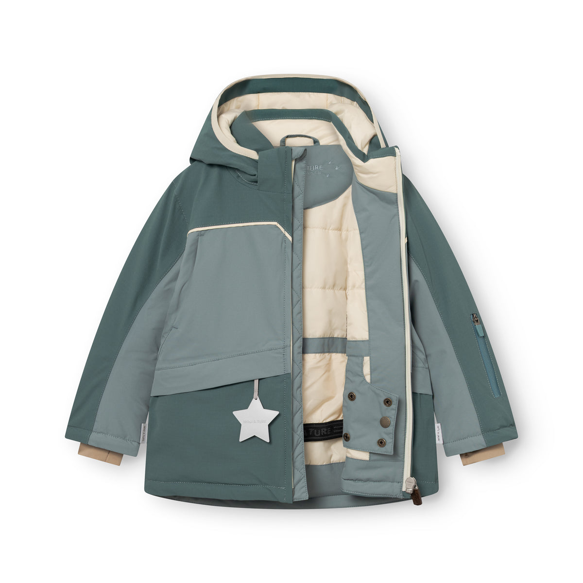 MATADANE ski tech jacket shown fully open in teal and sage colourblock design, displaying the internal powder skirt, cream insulated lining, internal suspenders and reflective star detail on the chest pocket.