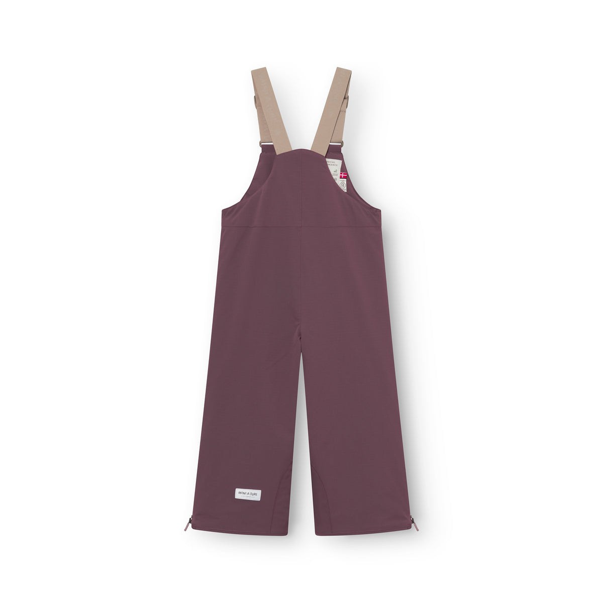 MATADAL Skihose in Aubergine mit beigen verstellbaren Trägern, Rückansicht flach ausgelegt, zeigt die wasserdichte Ripstop-Konstruktion und THERMOLITE-Isolierung.